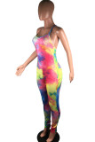 Yellow and pink Fashion street Tie-dyed Milk. Sleeveless Slip Cami Jumpsuits