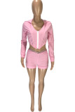 Pink Casual Patchwork Solid asymmetrical Zippered pencil Long Sleeve Two Pieces