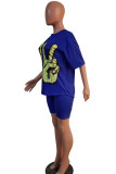 Синий модный повседневный костюм из двух предметов с принтом для взрослых, костюм-карандаш с короткими рукавами, из двух предметов