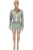 Grey Casual Patchwork Solid asymmetrical Zippered pencil Long Sleeve Two Pieces