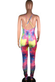 Geel en roze Fashion street Tie-dyed Milk. Mouwloze slipjumpsuits