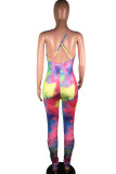 Yellow and pink Fashion street Tie-dyed Milk. Sleeveless Slip Jumpsuits
