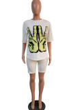 White Fashion Casual adult Ma'am Print Two Piece Suits pencil Half Sleeve Two Pieces