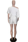 White Fashion adult Ma'am OL Striped Two Piece Suits Straight Short Sleeve Two Pieces