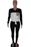 Black Fashion Casual adult Ma'am Patchwork Two Piece Suits Straight Long Sleeve Two Pieces