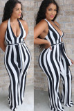 Apricot Fashion street Striped Backless Sleeveless V Neck Jumpsuits