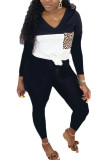 Zwarte mode casual volwassen mevrouw patchwork tweedelige pakken rechte twee stukken met lange mouwen