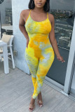 Yellow and pink Fashion street Tie-dyed Milk. Sleeveless Slip Cami Jumpsuits