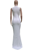White Lightly cooked Sleeveless O neck Swagger Floor-Length Solid Dresses