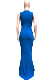 ブルー軽く調理されたノースリーブOネックSwaggerフロアレングスソリッドドレス