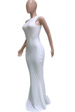 White Lightly cooked Sleeveless O neck Swagger Floor-Length Solid Dresses