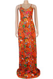 Orange Sexy Casual Spaghetti Strap Slip Pencil Dress Floor-Length Print Dresses