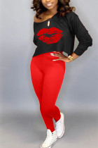 Red Polyester Fashion adult Ma'am Street Print Two Piece Suits pencil Long Sleeve Two Pieces