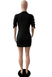Black Casual Short Sleeves O neck Step Skirt Mini hole Solid Dresses