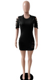 Black Casual Short Sleeves O neck Step Skirt Mini hole Solid Dresses