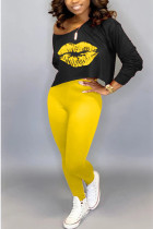 Yellow Polyester Fashion adult Ma'am Street Print Two Piece Suits pencil Long Sleeve Two Pieces