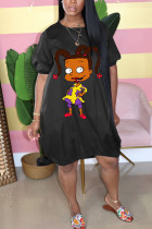 Black Fashion adult Ma'am Street Bubble sleeves Short Sleeves O neck Lantern skirt Knee-Length Print Dresses