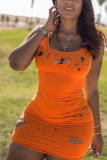 Black Fashion Sexy adult Black Orange Tank Sleeveless Slip Hip skirt Mini Patchwork hole Solid Dresses
