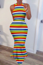 Stripe England Sleeveless O neck Asymmetrical Floor-Length Striped Print Rainbow Dresses