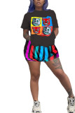 Black Fashion adult Ma'am Lightly cooked Print Two Piece Suits Straight Short Sleeve Two Pieces