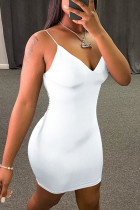 White Milk. Fashion Casual adult Ma'am Spaghetti Strap Sleeveless V Neck Step Skirt Knee-Length Solid Draped Dresses