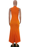 Оранжевые сексуальные однотонные платья без рукавов с вырезом через шею и русалкой длиной до пола