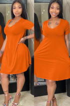 オレンジ ファッション カジュアル 大人 マアム キャップ スリーブ 半袖 V ネック スワッガー 膝丈 ソリッド ドレス