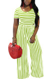 Зеленый молочный шелк Мода для взрослых Ma'am Street Полосатый однотонный костюм из двух частей Свободный короткий рукав из двух частей