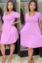 Pink Fashion Casual adult Ma'am Cap Sleeve Short Sleeves V Neck Swagger Knee-Length Solid Dresses