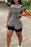 Grey Casual Leopard Patchwork Straight Short Sleeve Two Pieces