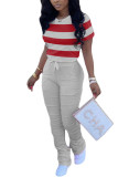 Bleu marine Fashion Casual adulte Ma'am Striped Two Piece Suits Straight Short Sleeve Two Pieces