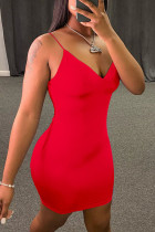 Red Milk. Fashion Casual adult Ma'am Spaghetti Strap Sleeveless V Neck Step Skirt Knee-Length Solid Draped Dresses