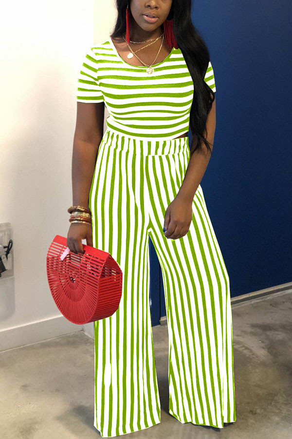 Green Fashion volwassen Ma'am Street O Neck Gestreepte Effen Tweedelige Pakken Stripe Plus Size