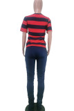 Navy Blue Fashion Casual adult Ma'am Striped Two Piece Suits Straight Short Sleeve Two Pieces