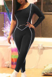 Black Casual Solid zipper Blend Long Sleeve O Neck Jumpsuits