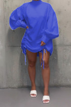 Blue OL lantern sleeve Long Sleeves Mandarin Collar Pleated Mini Print Solid Dresses