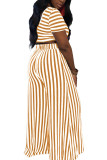Gold Fashion adult Ma'am Street O Neck Striped Solid Two Piece Suits Stripe Plus Size