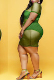 Fluorescent green Sexy O Neck Solid perspective HOLLOWED OUT Hollow Out Plus Size