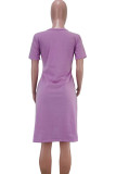Light Purple Fashion Casual adult Ma'am Cap Sleeve Short Sleeves V Neck Swagger Knee-Length Solid Dresses