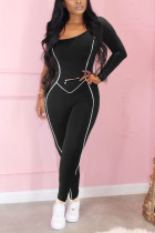 Black Casual Solid zipper Blend Long Sleeve O Neck Jumpsuits