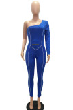 Blue Casual Solid zipper Blend Long Sleeve O Neck Jumpsuits