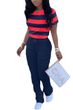 Wine Red Fashion Casual adult Ma'am Striped Two Piece Suits Straight Short Sleeve Two Pieces