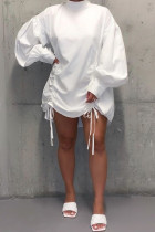 Weiße OL-Laternenärmel mit langen Ärmeln, Stehkragen, plissierten Mini-Print-Solid-Kleidern