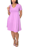 Розовые модные повседневные однотонные платья до колена с короткими рукавами и v-образным вырезом для взрослых, мэм