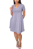 Light Gray Fashion Casual adult Ma'am Cap Sleeve Short Sleeves V Neck Swagger Knee-Length Solid Dresses