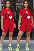Красный модный активный взрослый костюм-двойка с принтом «мэм»-карандаш с короткими рукавами из двух предметов