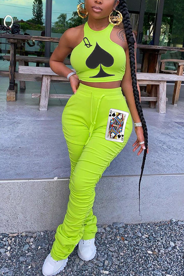 Verde fluorescente moda sexy adulto senhora impressão ternos de duas peças lápis sem mangas duas peças