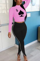 Pink Polyester Fashion adult Ma'am OL Print Two Piece Suits pencil Long Sleeve Two Pieces