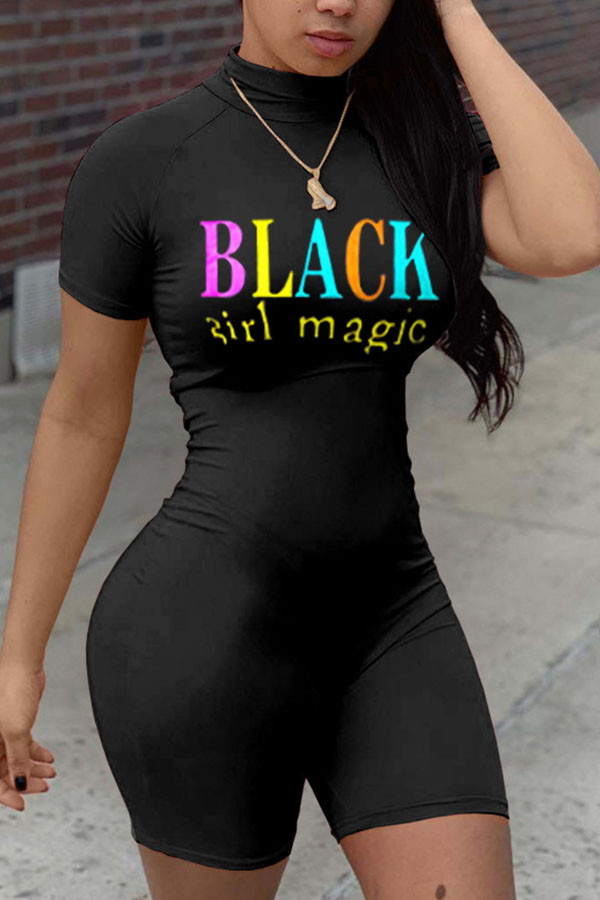 Черный модный сексуальный комбинезон с буквенным принтом и коротким рукавом с круглым вырезом
