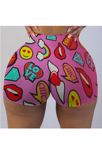 Pink Milk Silk Elastic Fly Mid Print Pantalones cortos ajustados Bottoms